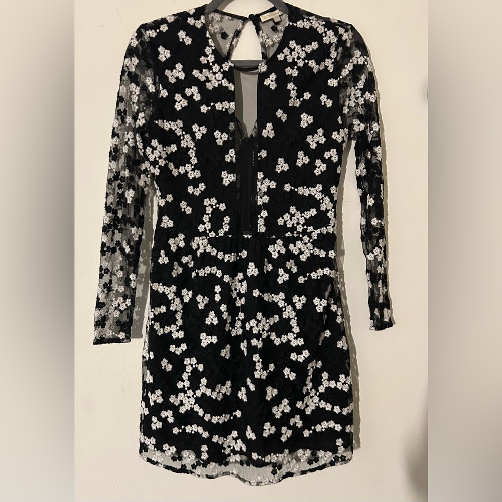 Long Sleeve Floral Dress in Black and White - Picture 1 of 3